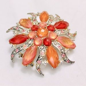 Silver Tone Pink Red Orange Faceted Rhinestone Brooch Pendant